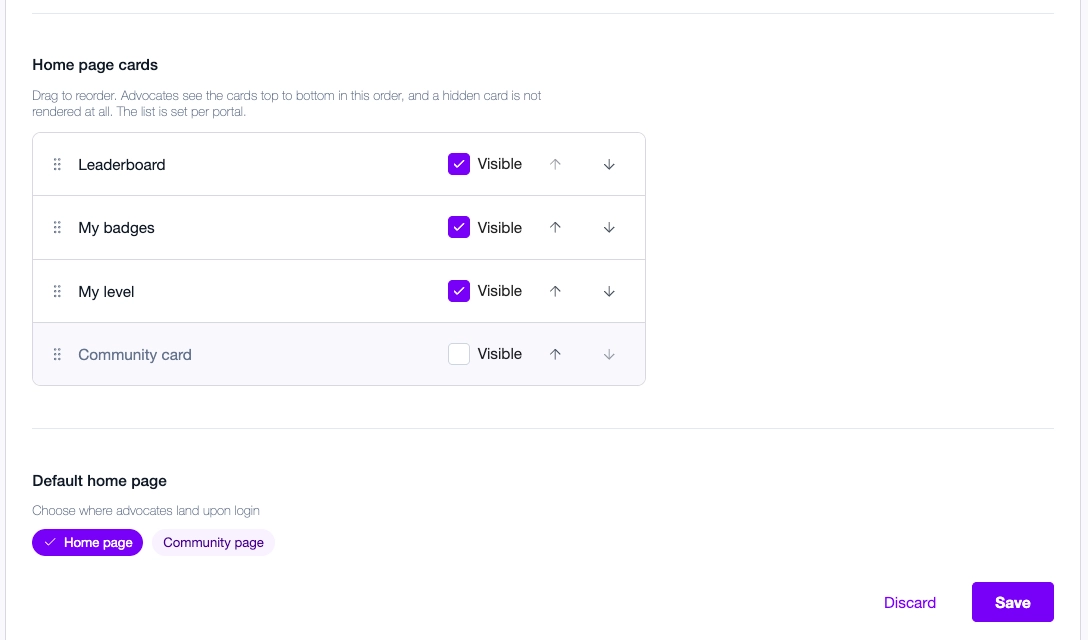 Home page cards settings screen with the four cards in a reorderable, toggleable list