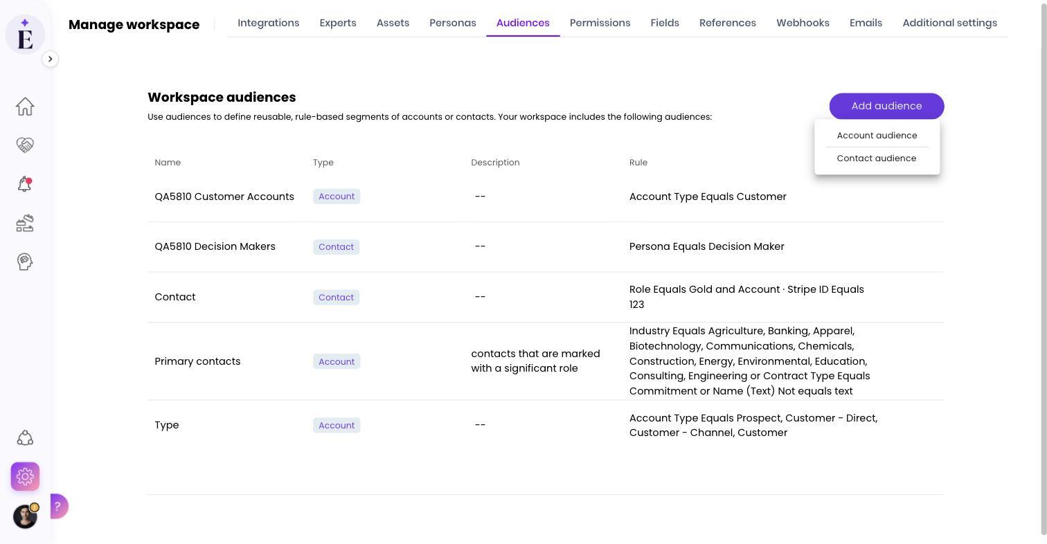 Workspace audiences list with the Add audience menu open