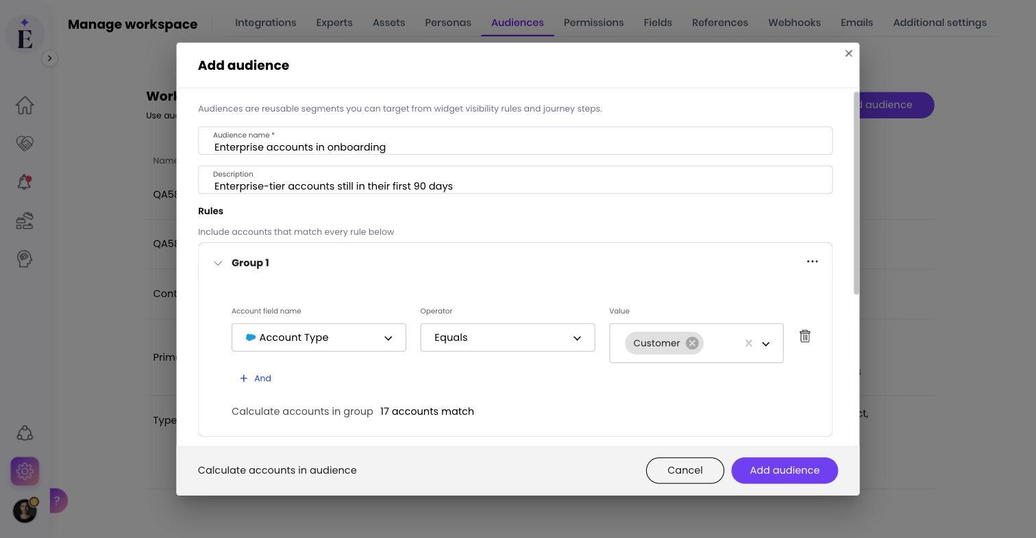 Audience builder with a rule and a member count