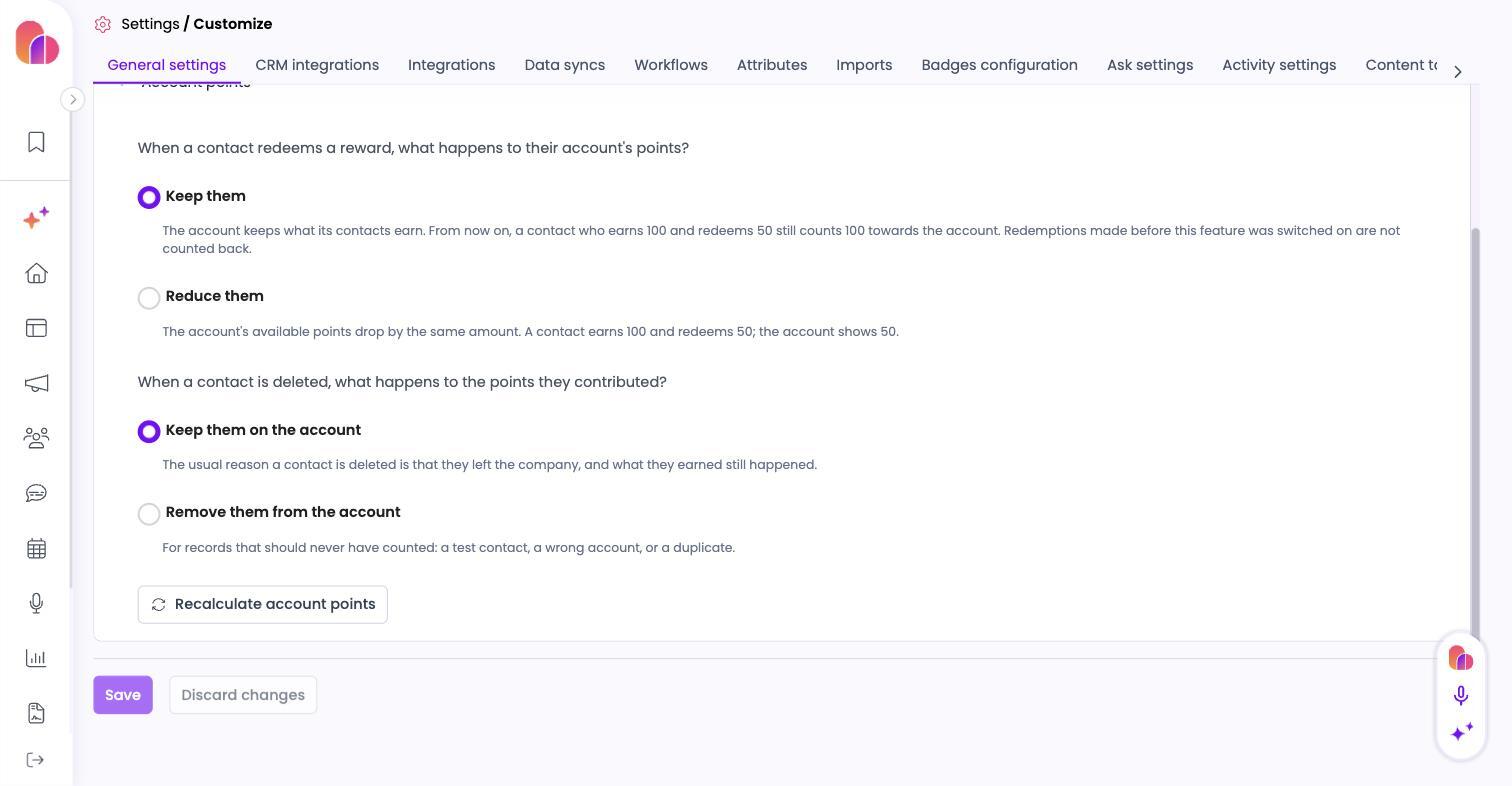 Account points section in Customize, General settings