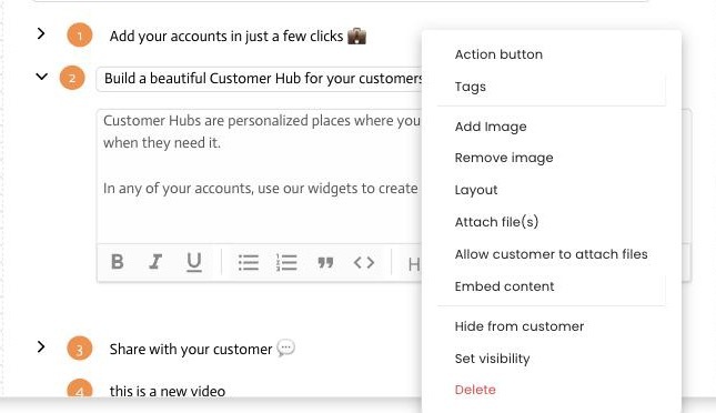 A list item’s actions menu in the kit editor, showing the Set visibility entry