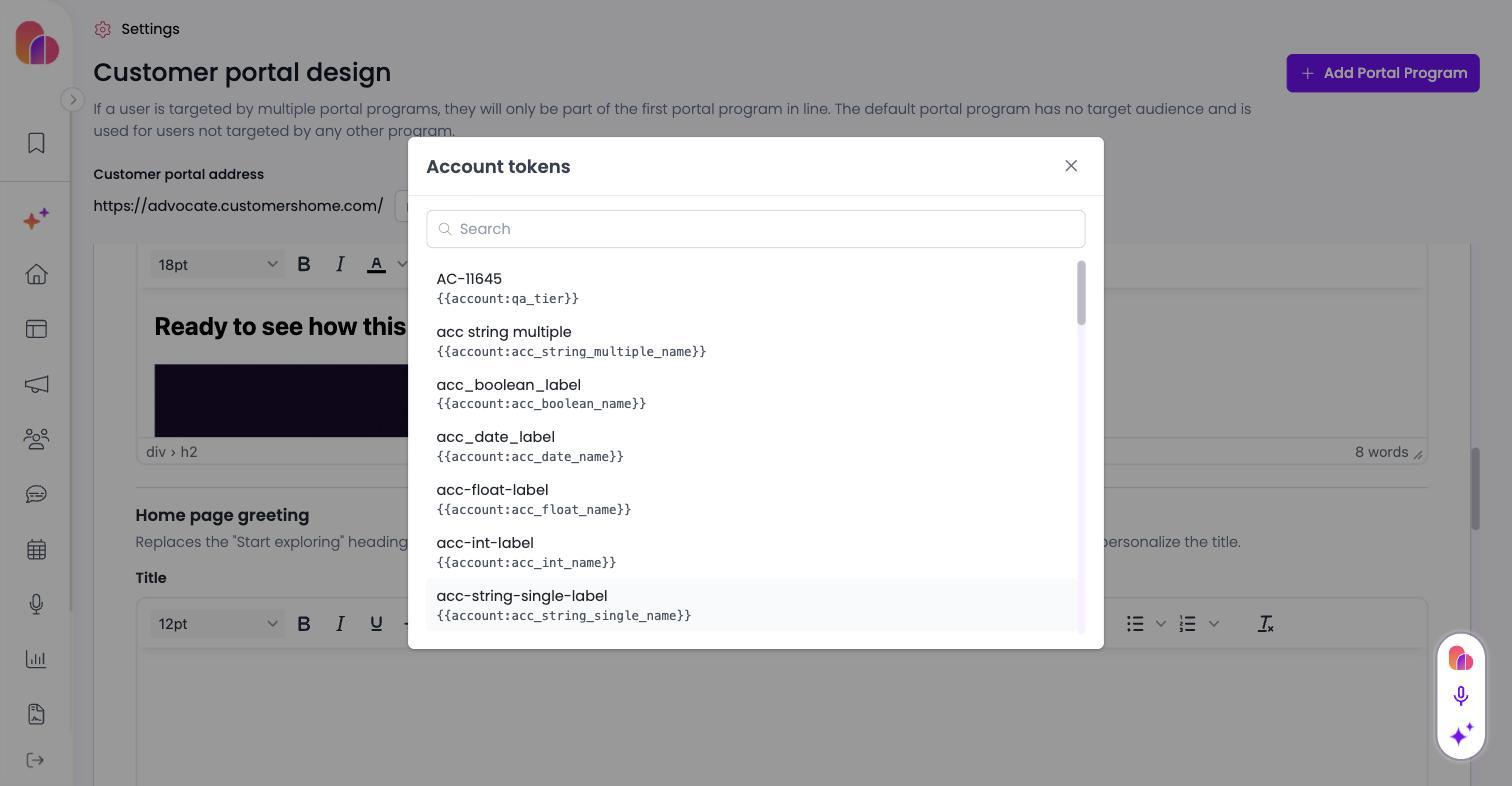 Account tokens picker open on the Home page greeting field