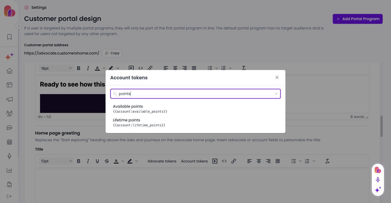 Account tokens picker filtered to the two account point tokens