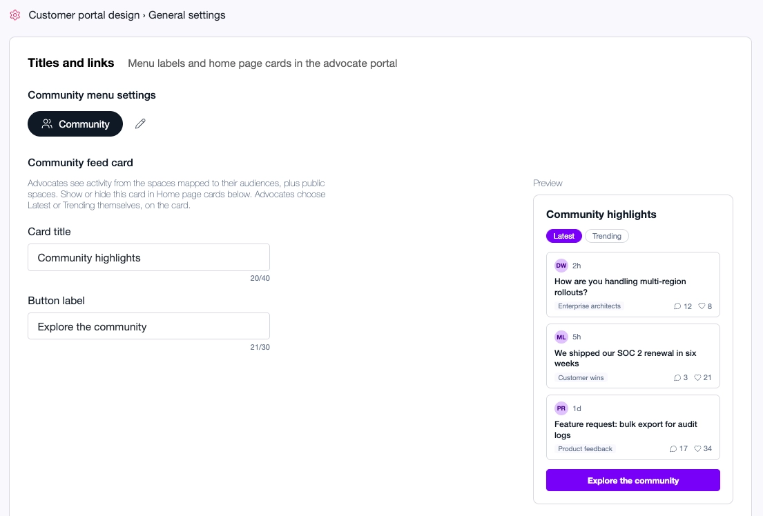 Community feed card copy settings with a live preview of the card showing Latest and Trending posts